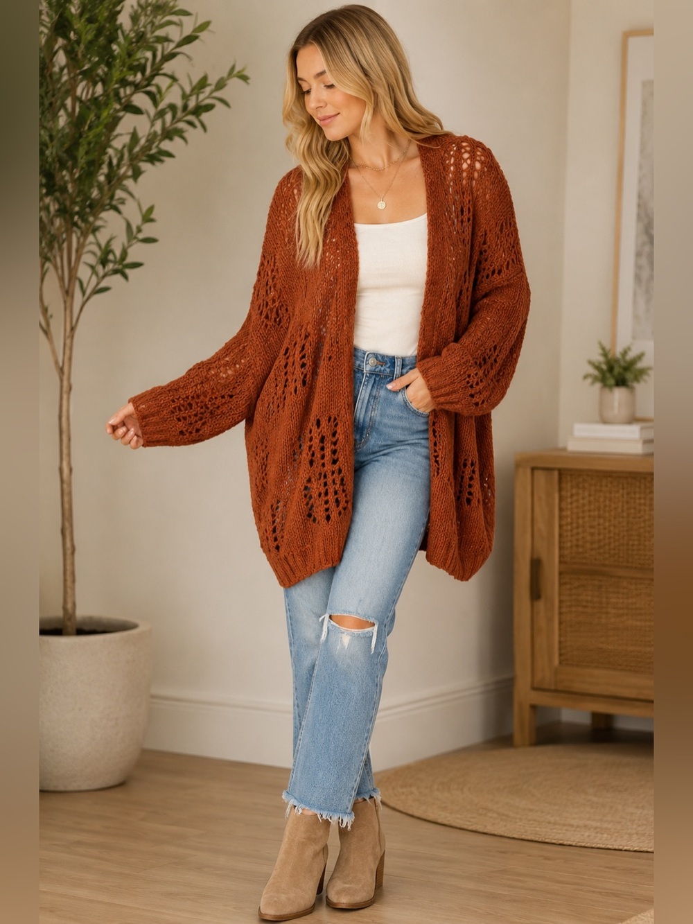 Bucket List Rust Open Knit Oversized Cardigan Sweater Size Large Boho